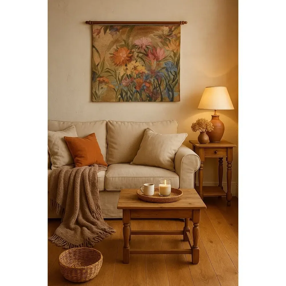 VTG Floral Tapestry Wall Hanging‎ Nature Garden Scene 30x29 USA Cottagecore BOHO